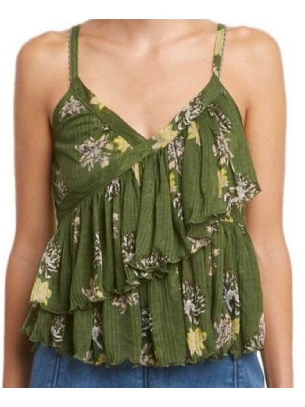 Free People Olive Green Floral Ruffle Tank